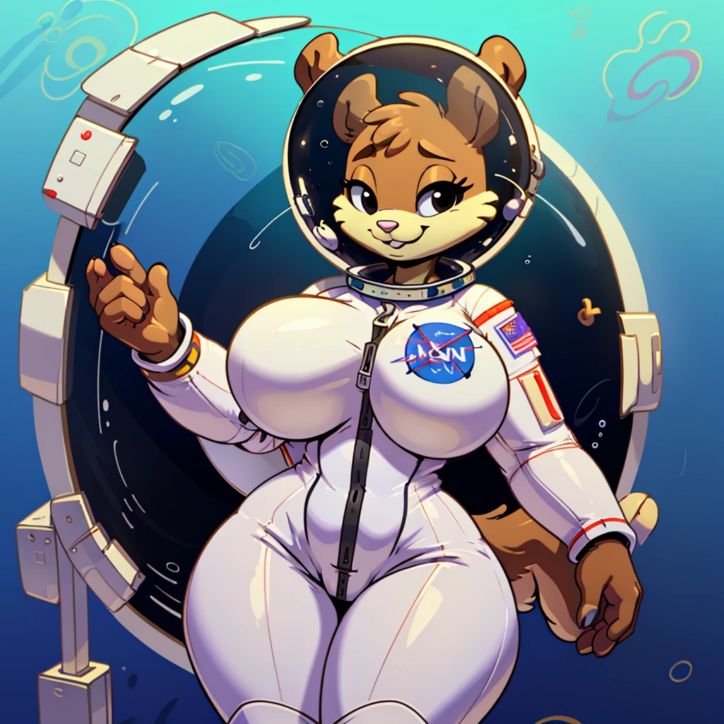 (masterpiece), ((perfect anatomy)), (high Res), (4k), squirrel, huge breast, wide hips, (((astronaut suit))), underwater, happy, ((((bendy artstyle)))), (((solo))), narrow waist, black eyes