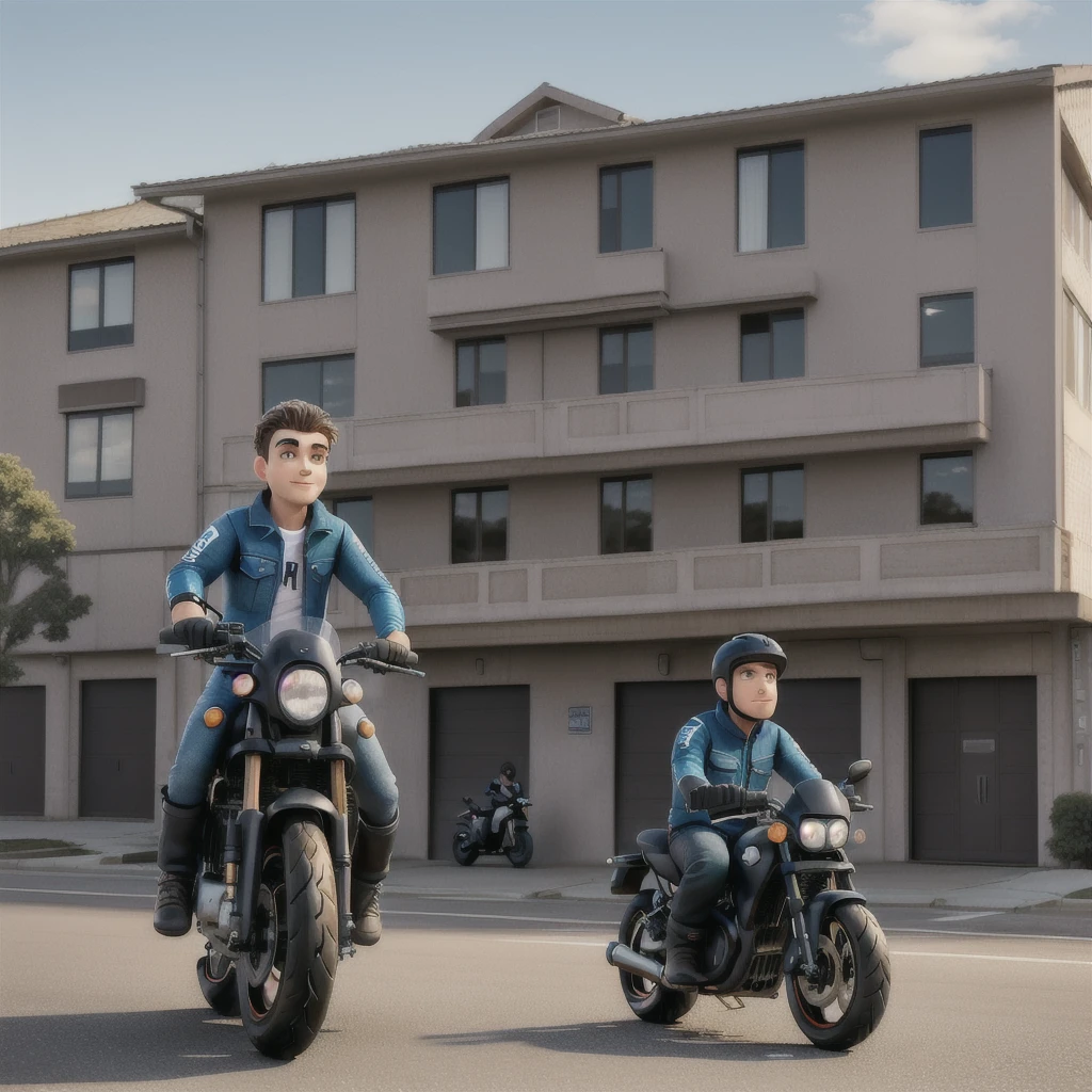 there is a man sentado em uma motorbikecicleta in front of a building, riding a motorbike, on tour, motorbike, Driving a motorcyclerbike, sentado em uma motorbikecicleta, foto de um motorbikeciclista masculino, in front of the house, album photo, frontal image, cool appearance, by Dan Content, por Randy Post, em frente a uma garagem, riding a motorbike down a street