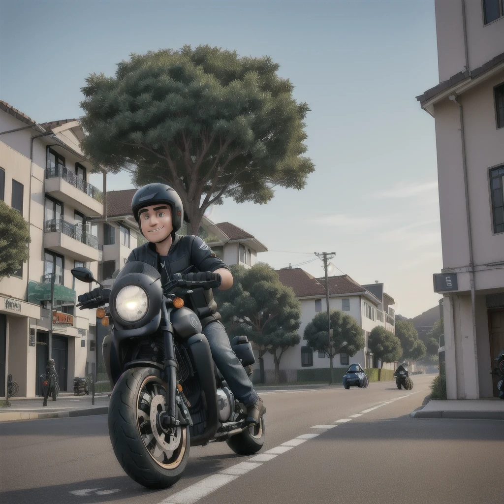 there is a man sentado em uma motorbikecicleta in front of a building, riding a motorbike, on tour, motorbike, Driving a motorcyclerbike, sentado em uma motorbikecicleta, foto de um motorbikeciclista masculino, in front of the house, album photo, frontal image, cool appearance, by Dan Content, por Randy Post, em frente a uma garagem, riding a motorbike down a street