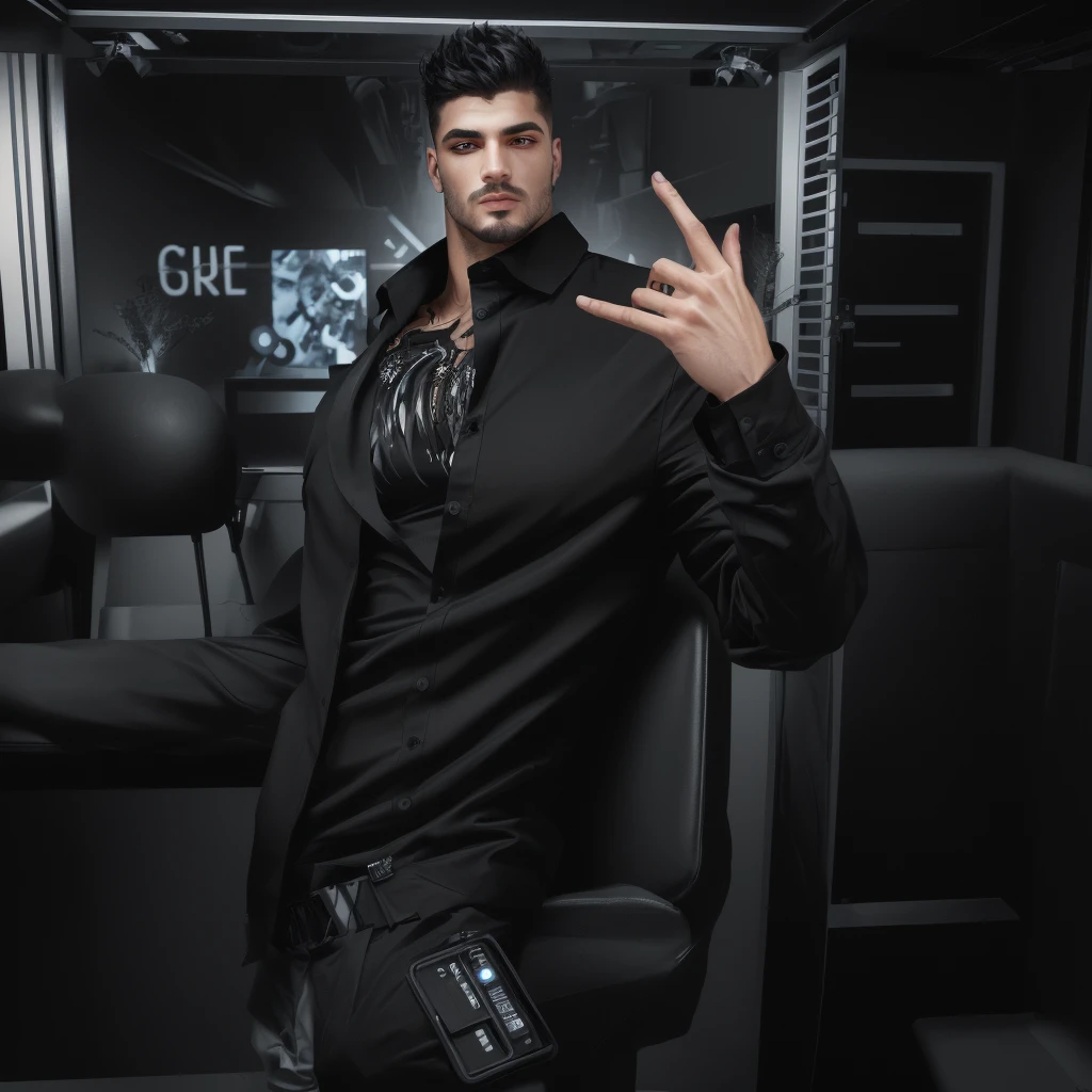 trimmed man in black shirt and black pants posing for a photo, whole body!! maximalist details, vestimentas: Policerman, em vestimentass! highy detailed, 8 k highy detailed ❤🔥 🔥 💀 🤖 🚀, smooth in _ o fundo, inspired by Aleksander Gine, todas as vestimentass cyberpunk pretas,inspired by Ludovit Fulla, he is wearing a black t-shirt (beautiful eyes detailed best quality), (detailed realistic face), (realistic beautiful black hair), (high detailed realistic black hair), (detailed black eyes)