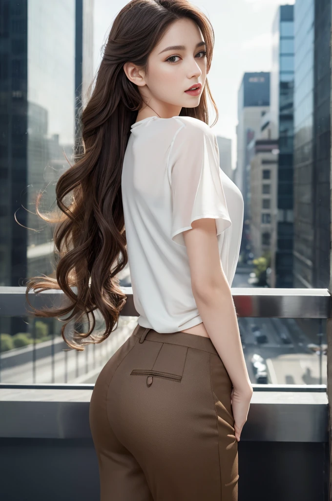[[[Ultra Detail]]], [[[realistic]]], [[[depth of field]]], full body, back, head tilt, incredibly detailed, longuette, 1 girls, 30 years old, very long hair, curly hair, high ponytail, light brown hair, beatiful detailed hair, Perfect face, Delicate arms and hands, slim legs, white skin, piercing, oversized clothes, large top sleeves, black trousers, open clothes, cityscape, delicate background, blurry background, an extremely delicate and beautiful, [[[wallpaper 8k CG]]], [[[best quality]]], [[[best masterpiece]]],