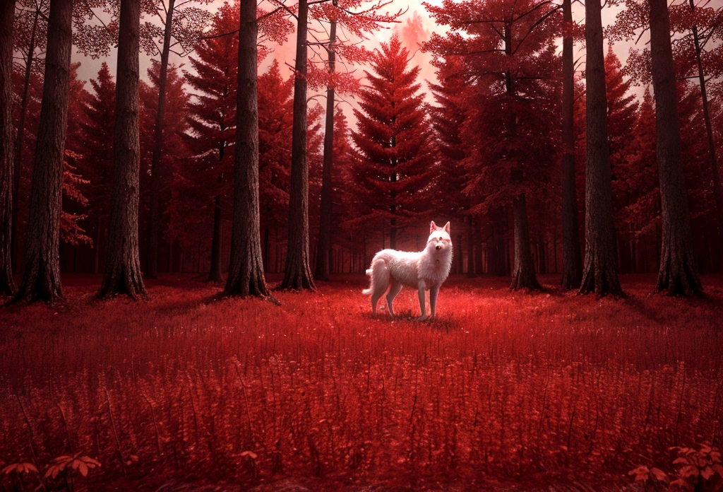 (work of art, best qualityer:1.2), realistic white wolf , In the ancient forest,  in a red dream world, red forest, in a red forest, incredible depth, red mood in background, shades of red, fot