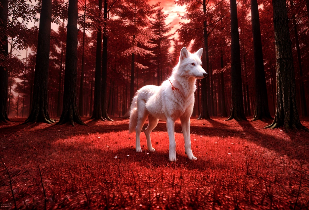 (work of art, best qualityer:1.2), realistic white wolf , In the ancient forest, in a red dream world, red forest, in a red forest, incredible depth, red mood in background, shades of red, fot