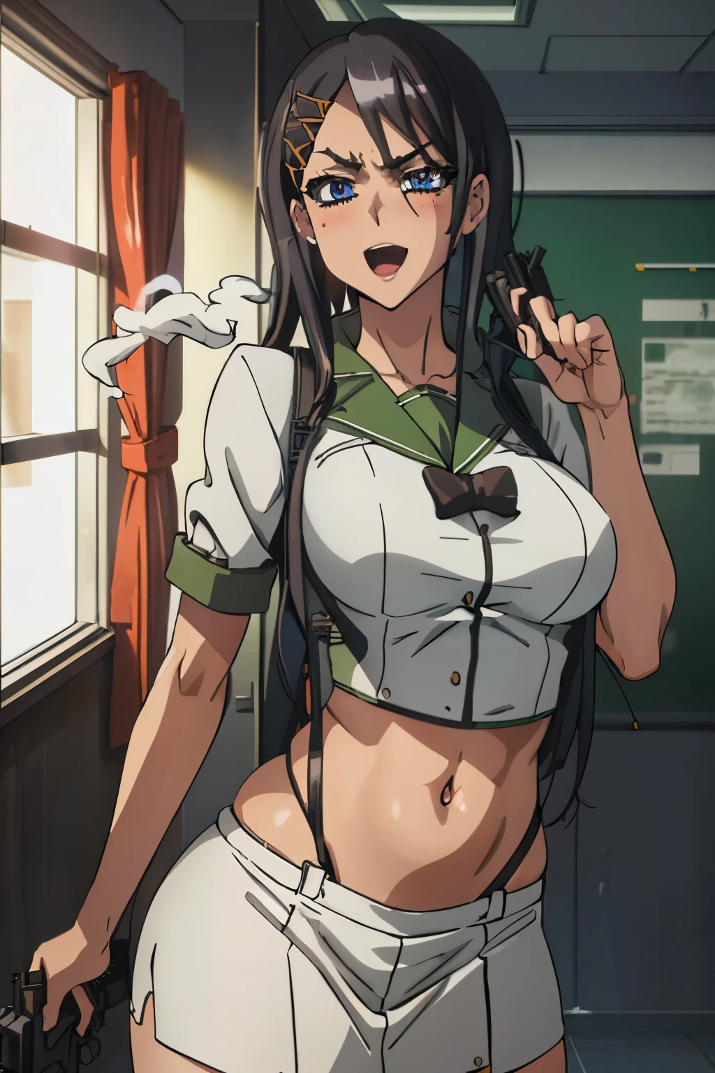 Siska, solo, long hair, blue eyes, black hair, hair ornament,  hairclip, mole, blush, lipstick, Hot girl, baddie, staring, glaring, bad attitude, mean girl, dare, angry, hate, crazy, smoking, sensual, attractive, masterpiece, best quality, highly detailed, a anime girls in sailor uniforms with a gun posing for a picture,
evil smile, smile, open mouth,black_serafuku, ecchi anime style, anime girls , (nsfw) not safe for work,
ecchi style, ecchi, shipgirls, digital anime art!!, high school girls, holding a gun, hold a gun, anime style 4
k, micro skirt, exposed belly, exposed navel, exposed midriff,
exposed lower belly,school, classroom, 