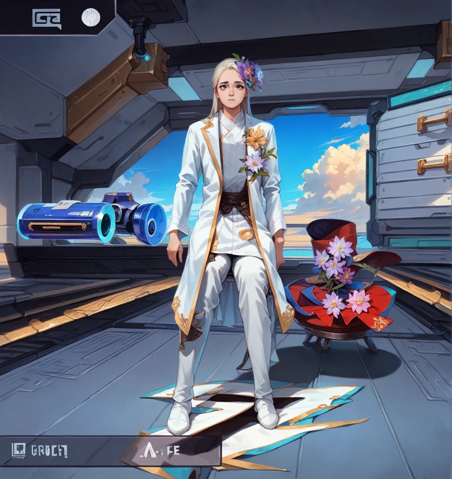 (best quality, masterpiece), Turquoise Screen Filter, (1girl, solo, brown robe, expression face, looking up, sitting, wide sleeves, black eyes, closed mouth, long hair, cowboy shot), (clear sky, cosmos flower filed, cloud), realistic, ultra detail, 70mm lens.