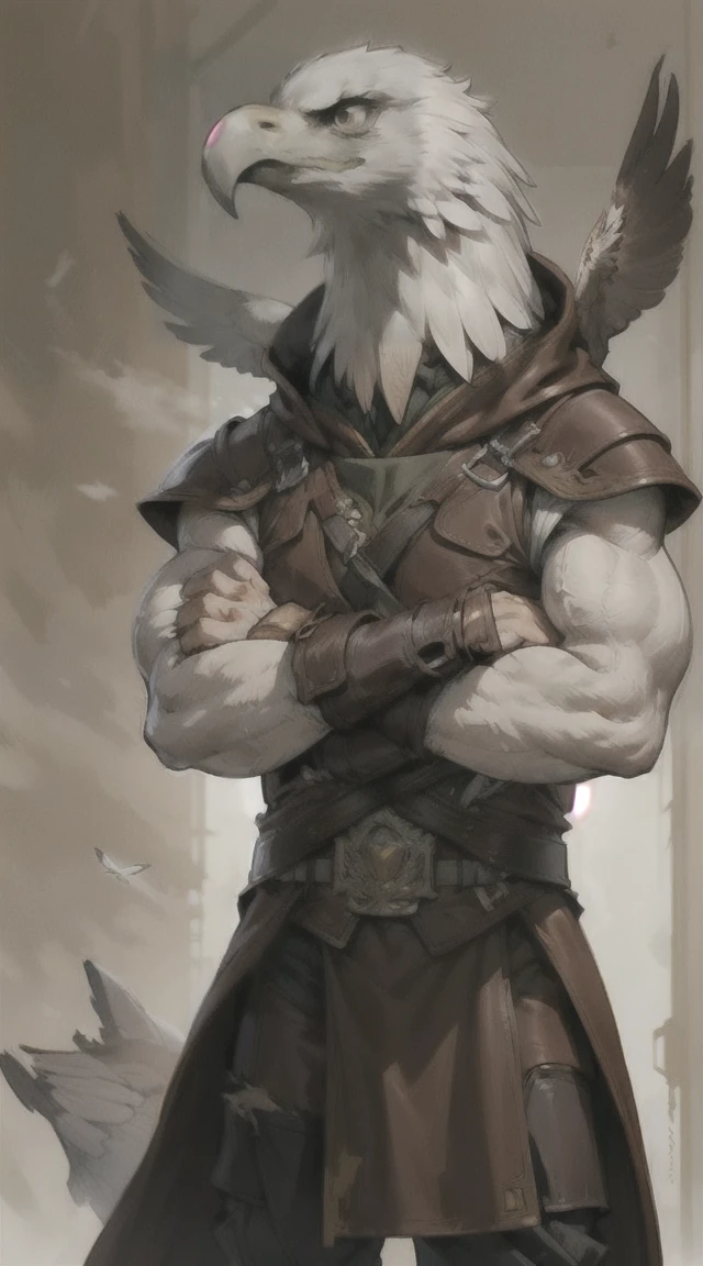 Portrait, Anthropomorphic, big, strong, arms crossed, heroic pose, looking to his bloody claw, real eagle assin, (eagle man), (white eagle head), ((wearing a full brown leather rob (fantasy creature), white background