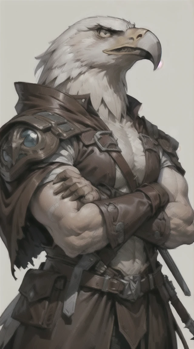 Portrait, Anthropomorphic, big, strong, arms crossed, heroic pose, looking to his bloody claw, real eagle assassin, (eagle man), (white eagle head), ((wearing a full brown leather robes)), (fantasy creature), white background