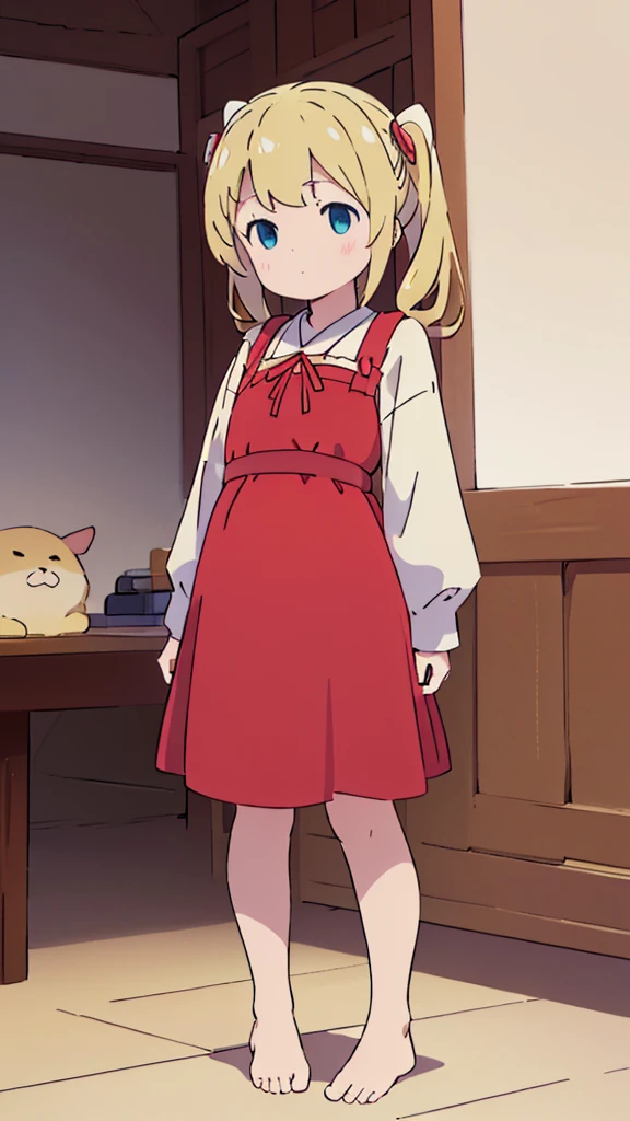 ((masterpiece))((Highest quality))Standing upright、Blonde、Long twin tails、(So that your whole body can be seen)、Directly in front、No background、(Put your feet on the ground)low length、、Flat Chest、Are thin、Red dress、