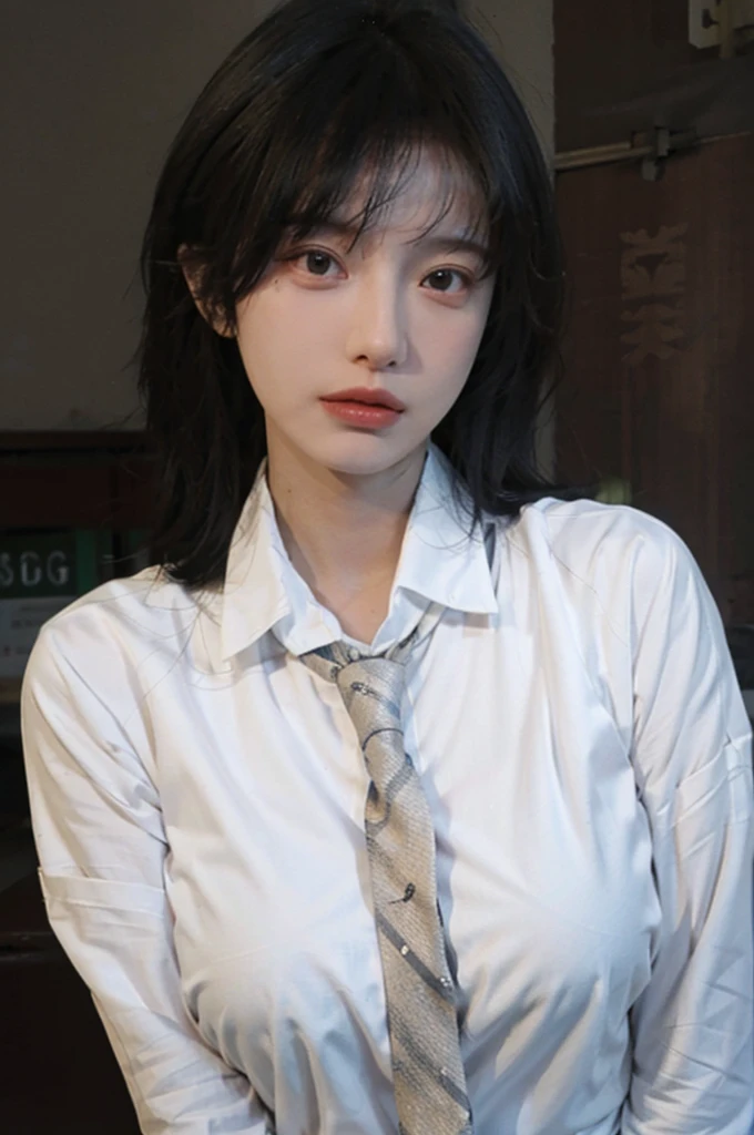 Best quality,masterpiece,ultra high res,(photorealistic:1.4),1girl,sexy,(shirt and tie:1.2),(large breast:1.3),(upper body:1.4)