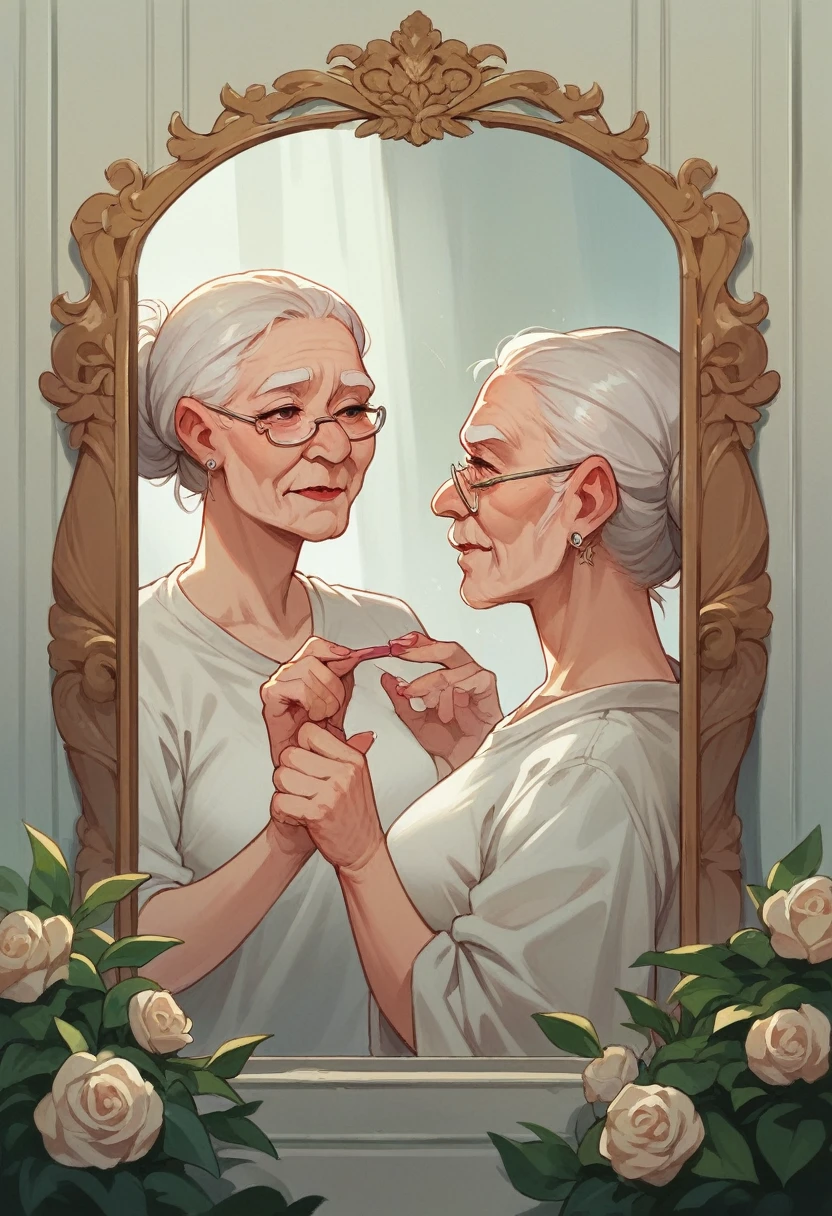 Old woman has pink mirror