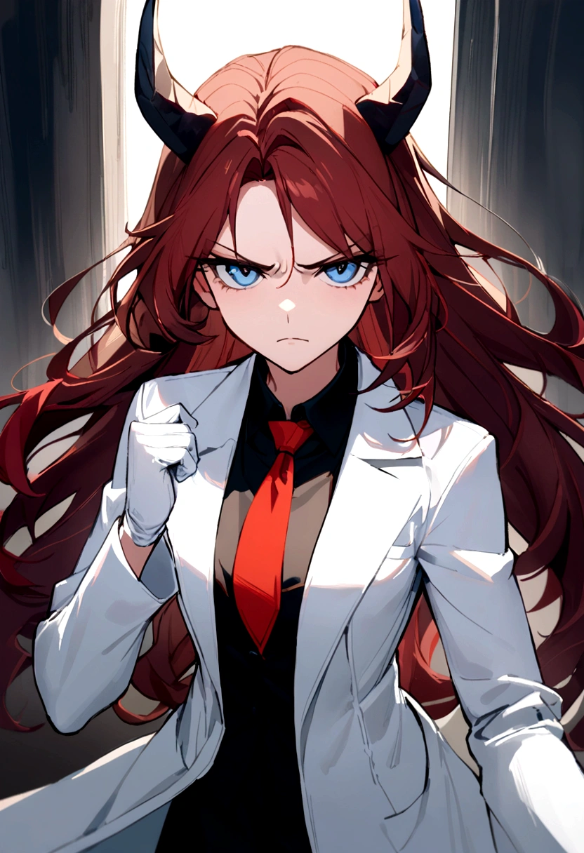 1dirl, white lab coat, lab coat, white glove, dark hair, red hair, long hair, blue Eyes, small horn, serious face