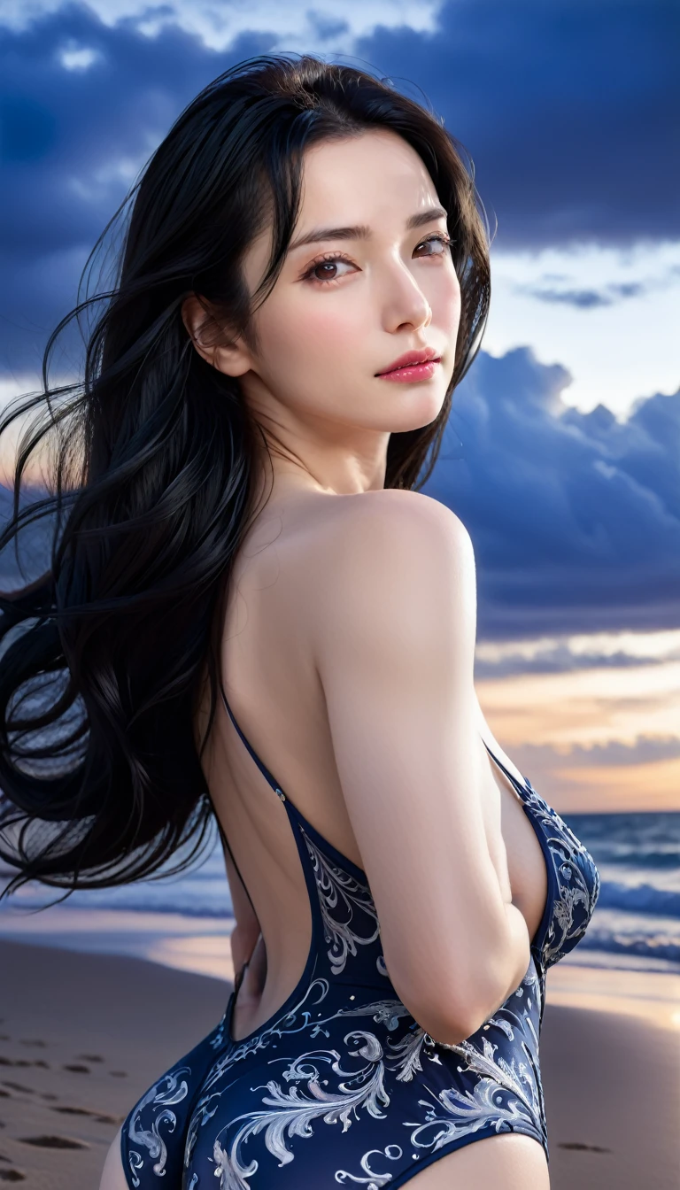 ((Masterpieces with up to 16K resolution:1.6)),Highest quality,it is really amazing,Very detailed,Ultra-high resolution,(Real:1.5),(Realistic:1.5),Increased depth of field,Cinematic Light,
Elegant mature woman,
Long black hair,(Exquisitely detailed face:1.5),Face with a gentle expression,Translucent white skin,Very sensitive skin,Great proportions,Anatomically correct body,
Elegant high leg swimsuit,Artistic design,Beautiful and detailed pattern,Detailed fabric texture,Luxurious ornaments,
Coastal landscape at dusk,Dark clouds and dark sky,delay々Continuing sandy beach, Deserted Beach,Dark sea surface,
(Dramatic perspective:1.5),