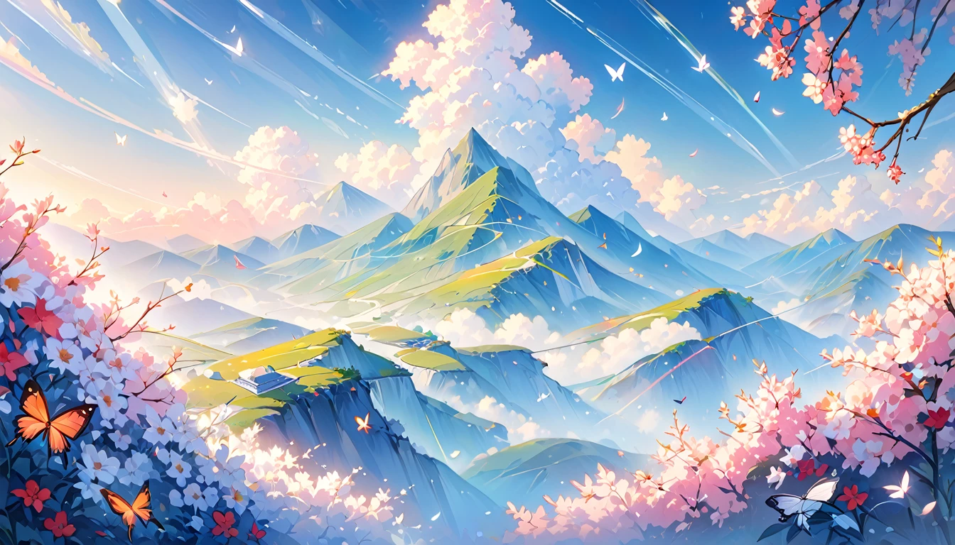 This is a landscape painting with a dreamy foreground, Transparent white gauze emphasizes lines and minimalism; The background features flying garlands., butterfly, Use the Moranti color scheme in an abstract sci-fi style