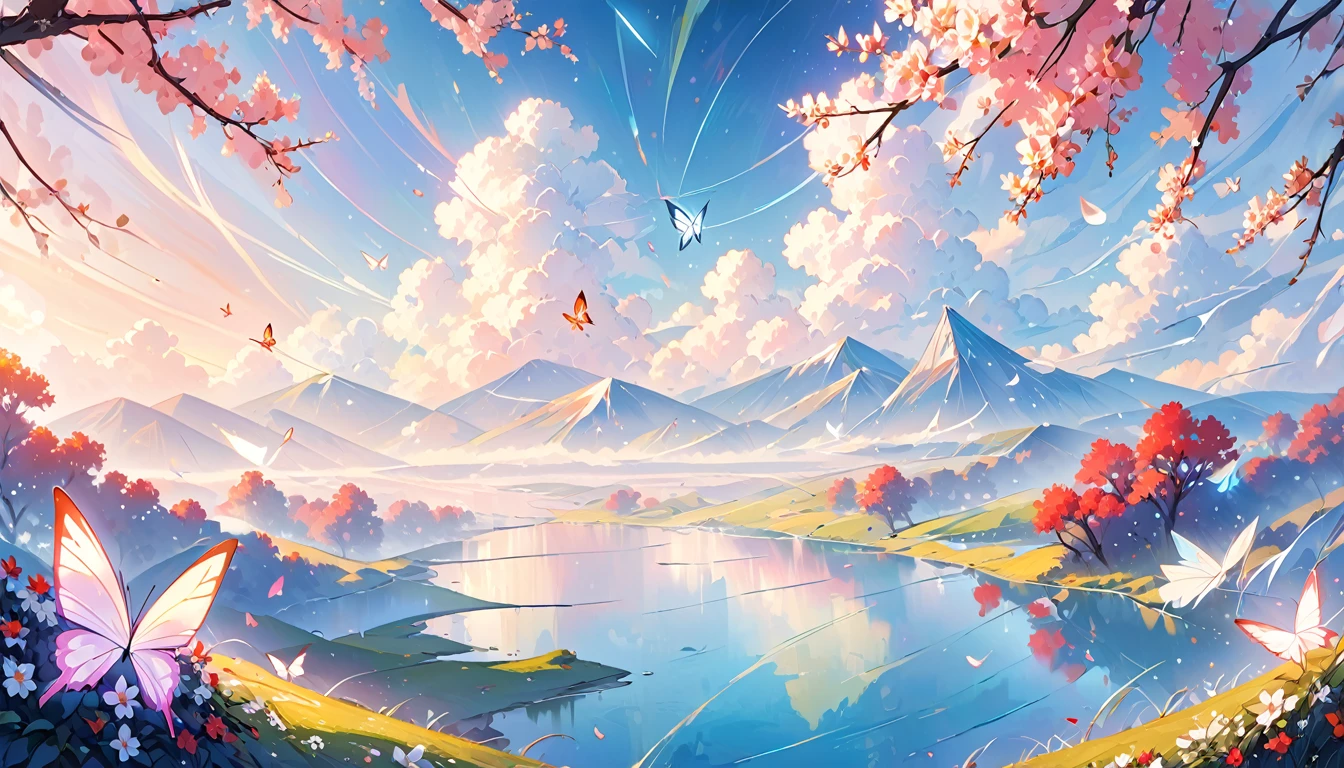 This is a landscape painting with a dreamy foreground, Transparent white gauze emphasizes lines and minimalism; The background features flying garlands., butterfly, Use the Moranti color scheme in an abstract sci-fi style