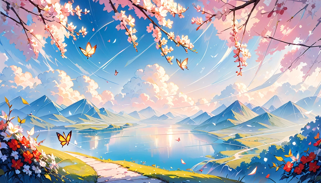 This is a landscape painting with a dreamy foreground, Transparent white gauze emphasizes lines and minimalism; The background features flying garlands., butterfly, Use the Moranti color scheme in an abstract sci-fi style