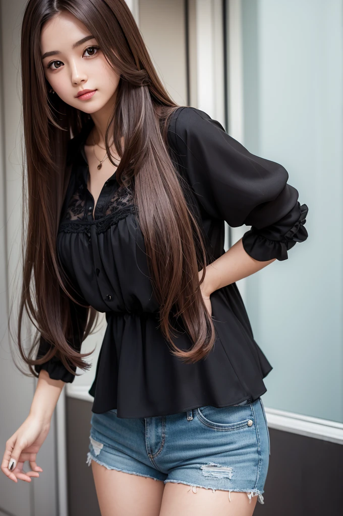 A girl with long brown hair wearing shorts and a black blouse