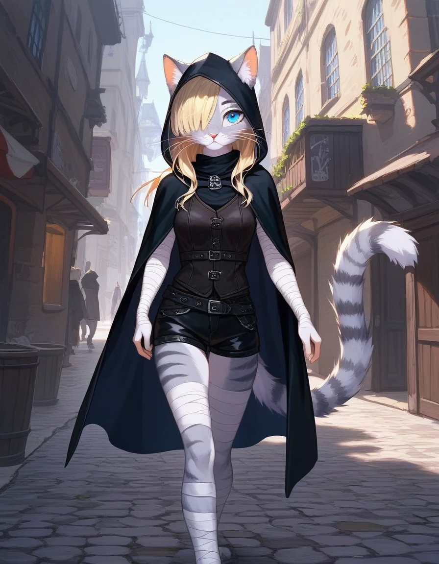 Solo, score_9,score_8_up,score_7_up, source_cartoon, kat, Anthro furry feline, female, tall slender body, long blonde hair, long undercut hair, hair covering one eye, pink nose, blue eyes, white whiskers, silver fur, grey stripes, furry body, wearing black cloth vest, black hood, black cloak, black leather medieval vest, black short shorts, adventuring gear, feet wrapped in bandages, outdoors, nighttime, eyes glowing blue, walking through a dark village alley, medieval city, shrouded in darkness, focused expression