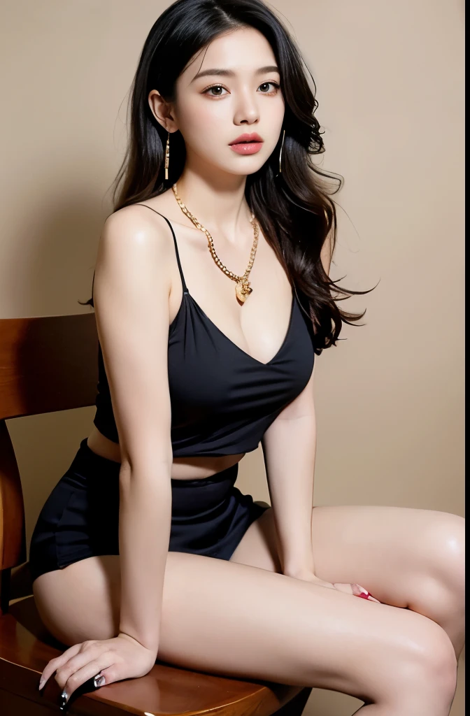 (masterpiece:1.3), (8 thousand, realistic, RAW photos, best quality: 1.4), (1 woman),(sheer silk blouse), (short skirt), (양다리에 realistic 스타킹신고), (Stockings on both legs), (Wearing high heels on both feet), (full body shot), (Sitting on a chair), (Beautiful makeover), (very beautiful body) , (Realistic and very beautiful face), (long eyelashes), (double eyelid), (Very beautiful eyes, realistic and delicate), (big bust) , (Strong body through exercise), (beautiful abs), (Beautiful heaps), (tall), (black hair. parted, long hair:1.3), (아름다운 parted스타일), (realistic and beautiful skin), (ultra high resolution), (very detailed), (golden ratio), (Two long, realistic and beautiful legs), (realistic 팔), (necklace), (earring),(beautiful nails manicure), (So beautiful and sexy)