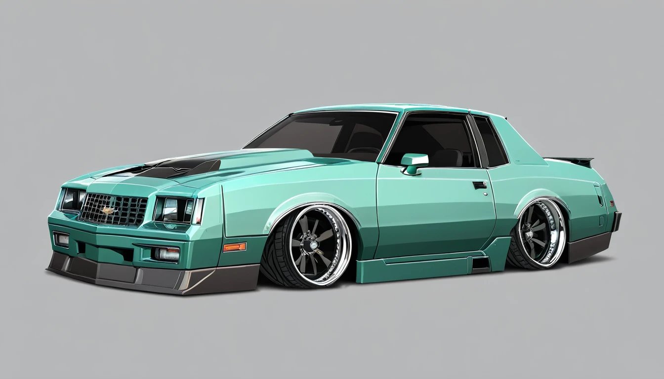  Seafoam green 1986 Chevy monte carlo ss, pop art, cartoonish style ,detailed, illustration, slammed to the ground, large black staggered wheels, wide bodykit, masterpiece, highly detailed ((([simple grey background])))