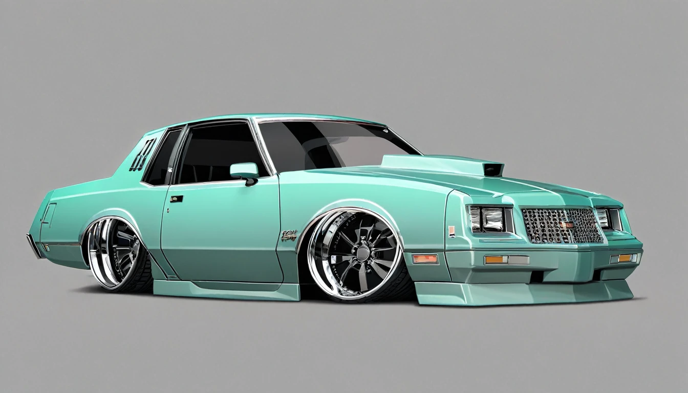  Seafoam green 1986 Chevy monte carlo ss, pop art, cartoonish style ,detailed, illustration, slammed to the ground, large black staggered wheels, wide bodykit, masterpiece, highly detailed ((([simple grey background])))