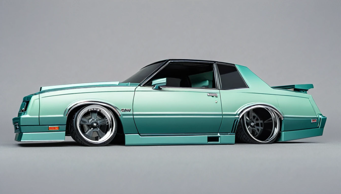  Seafoam green 1986 Chevy monte carlo ss, pop art, cartoonish style ,detailed, illustration, slammed to the ground, large black staggered wheels, wide bodykit, masterpiece, highly detailed ((([simple grey background])))