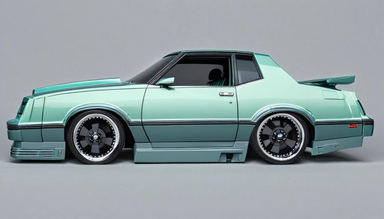  Seafoam green 1986 Chevy monte carlo ss, pop art, cartoonish style ,detailed, illustration, slammed to the ground, large black staggered wheels, wide bodykit, masterpiece, highly detailed ((([simple grey background])))