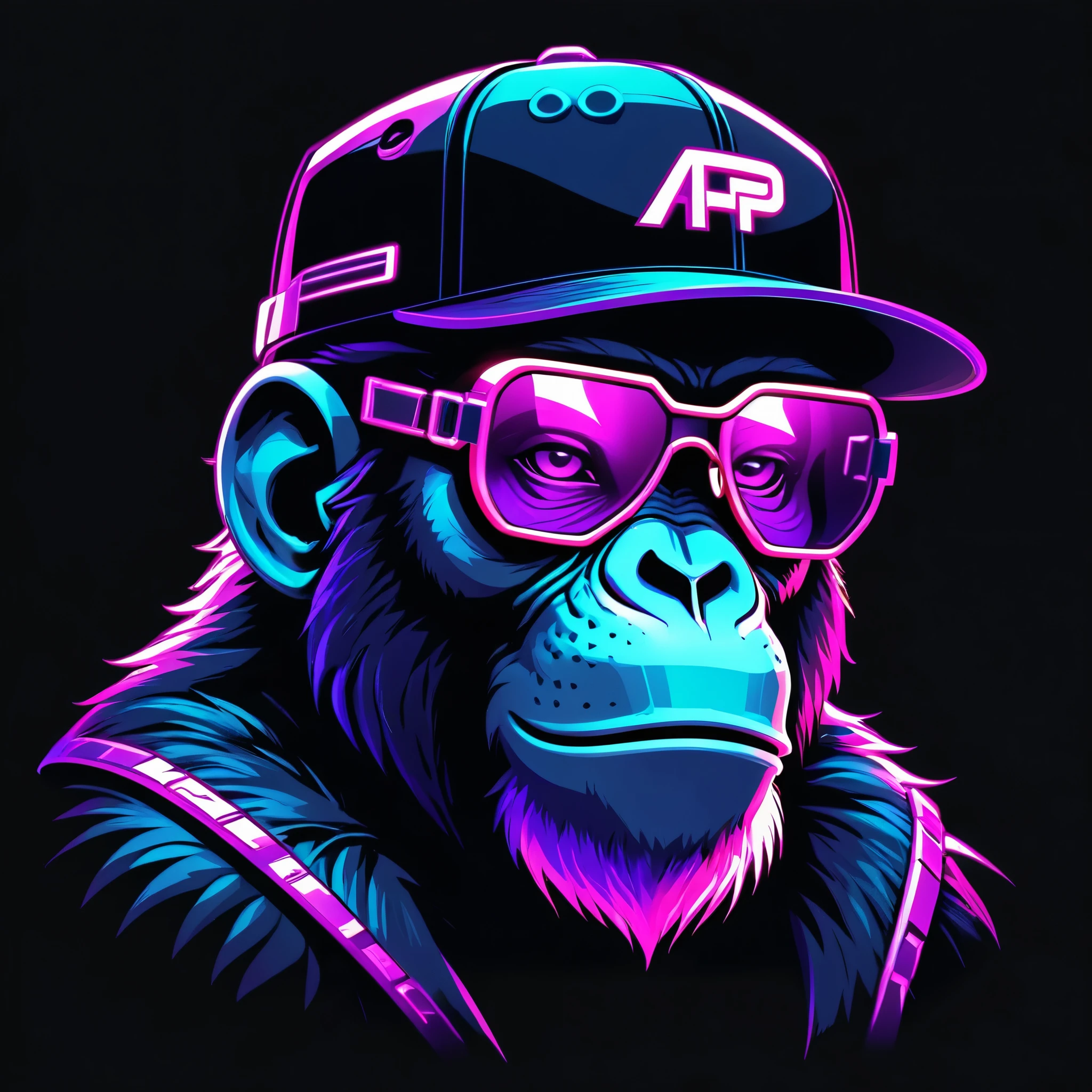 neonpunk style Ape head with textless cap and VR glasses, futuristic style, t-shirt design, flat colors, vector art, ((black background)) . cyberpunk, vaporwave, neon, vibes, vibrant, stunningly beautiful, crisp, detailed, sleek, ultramodern, magenta highlights, dark purple shadows, high contrast, cinematic, ultra detailed, intricate, professional