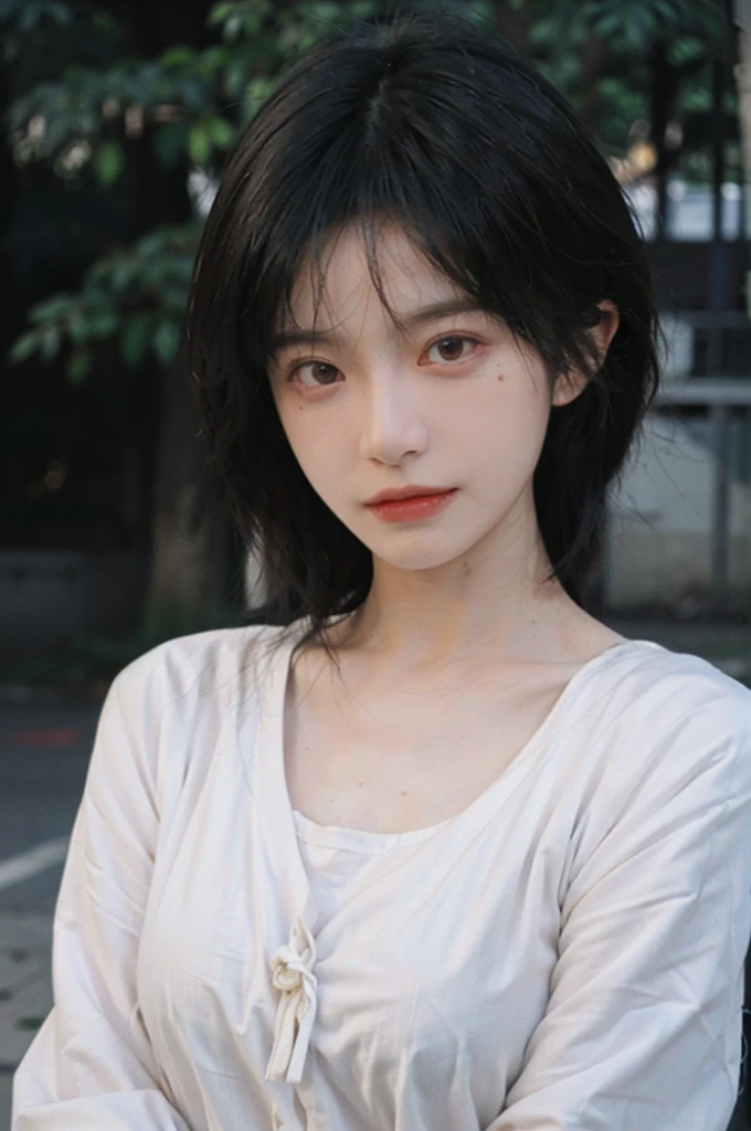 (Skin details:1.4), (smooth skin textures:1.3), Lipstick, background, earrings, Serene, calm, (Realistic and detailed eyes：1.2）, (Large Breasts:1.3),Natural skin texture, Realistic facial details, Soft dramatic lighting, Vivid details, 35 mm film, outdoor, (Photo Practical:1.4), (hyper Practical:1.4), (Practical:1.3), (Smoother lighting:1.05), (Improve lighting quality:0.9), (Highest quality real skin textures:1.4), Exquisite eyes, Delicate face, Close-up of face, (Enhance the beauty of skin texture:1.1), Hair details,  Model，normal body ratio, short hair, Moles under the eyes, Park background，Portrait Photography, Depth of Field, bokeh, Surrealism, Ray Tracing, (Portrait Photography:1.1), Surrealism, High Detail, clair obscur, Ray Tracing, reflected light, ultra HD, ultra HD, masterpiece, Textured Skin, Super Detail, High Detail, high quality, best quality