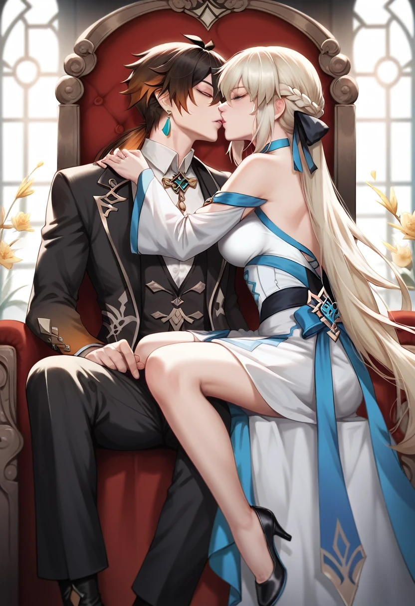 best quality, 4k, high resolution , anime girl , anime boy, young boy, tall boy, young girl, 24 years old, bangs, long hair, relaxed face, perfect shot, perfect anatomy, detailed face, detailed eyes, throne background , tall girl , 1girl, 1boy,  realistic, 4k , masterpiece , ilustration, digital art, full body, morgan le fay, fate grand order, sitting , morgan le fay sitting with a zhongli, kiss, kissing, 1boy , eyes close, zhongli, genshin impact