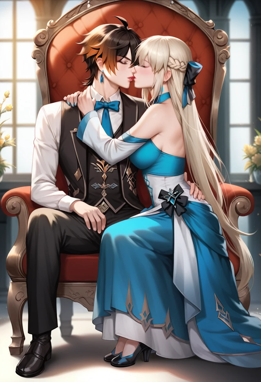 best quality, 4k, high resolution , anime girl , anime boy, young boy, tall boy, young girl, 24 years old, bangs, long hair, relaxed face, perfect shot, perfect anatomy, detailed face, detailed eyes, throne background , tall girl , 1girl, 1boy,  realistic, 4k , masterpiece , ilustration, digital art, full body, morgan le fay, fate grand order, sitting , morgan le fay sitting with a zhongli, kiss, kissing, 1boy , eyes close, zhongli, genshin impact
