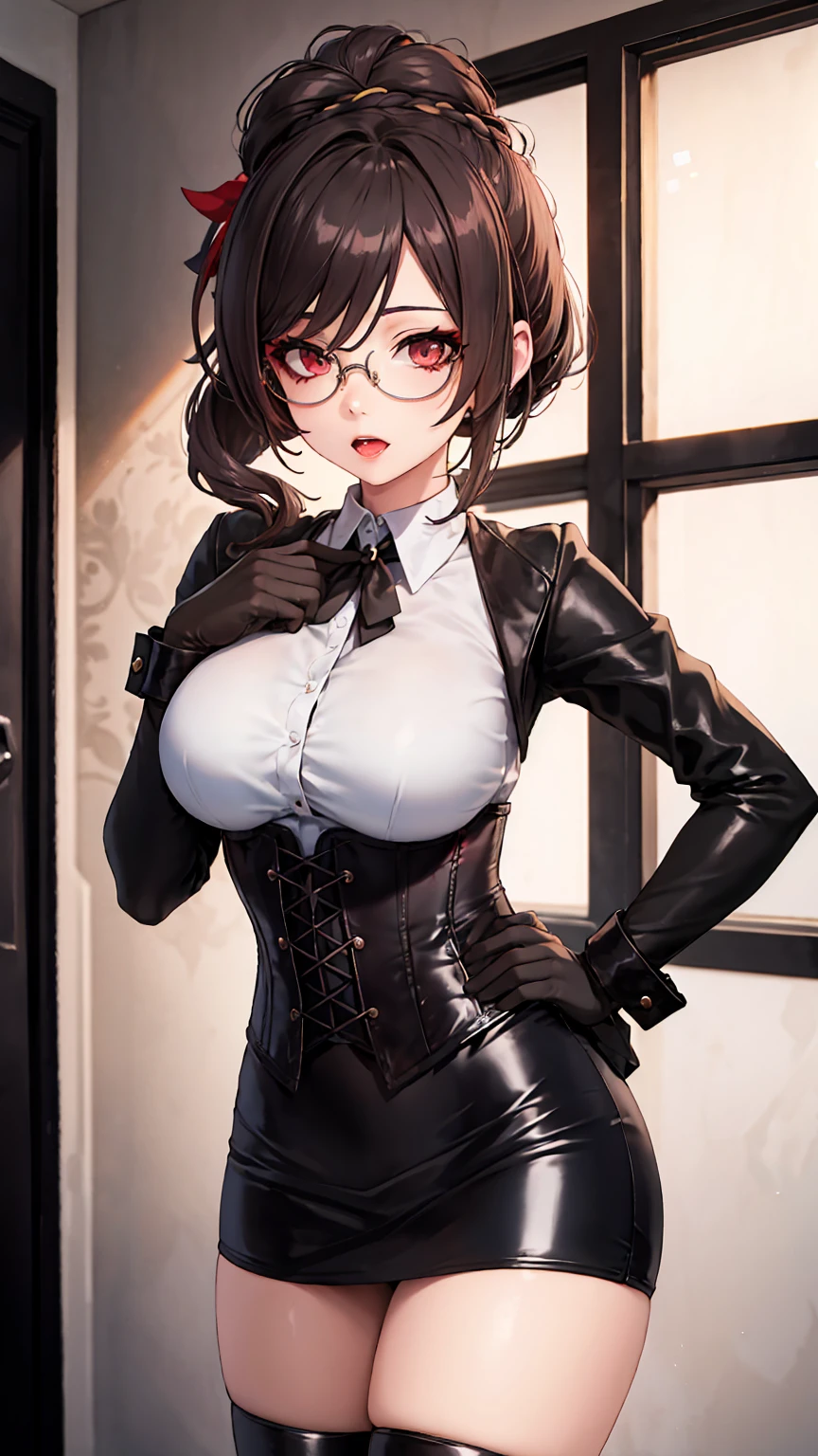 1 girl, Chiori \(genshin impact\), Alone, White collared shirt, black leather corset, black glove that covers your hands, shiny black tight mini skirt, shackles, glasses, looking at the viewer, hand on hip,, inside, depth of field, panting, expressionless