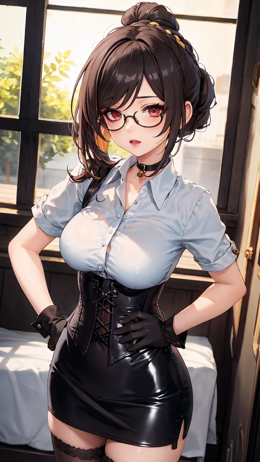 1 girl, Chiori \(genshin impact\), Alone, White collared shirt, black leather corset, black glove that covers your hands, shiny black tight mini skirt, shackles, glasses, looking at the viewer, hand on hip,, inside, depth of field, panting, expressionless