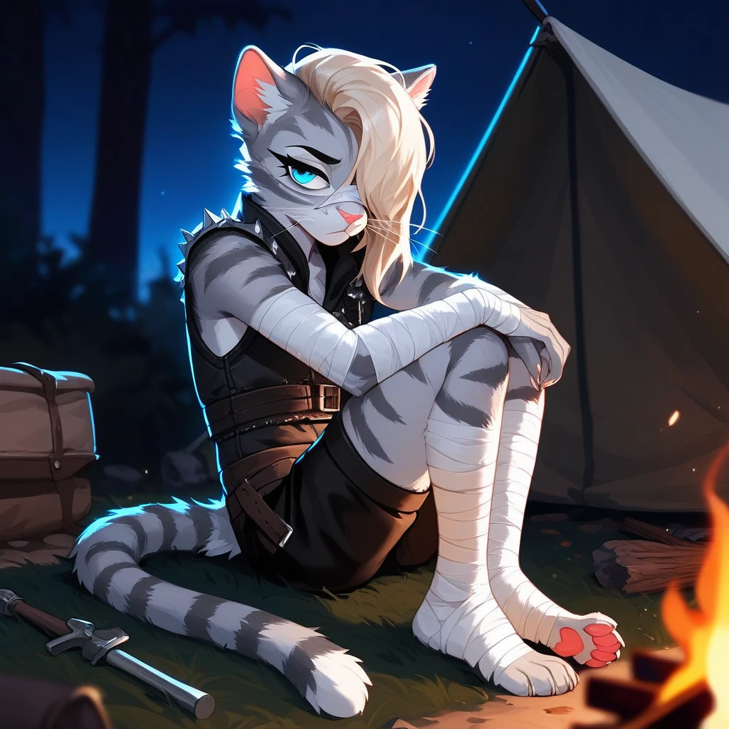 Solo, score_9,score_8_up,score_7_up, source_cartoon, cartoon, kat, Anthro furry feline, female, tall slender body, long blonde hair, long undercut hair, hair covering eye, pink nose, blue eyes, white whiskers, silver fur, grey stripes, furry body, wearing black cloth vest, black leather medieval vest, black short shorts, adventuring gear, feet wrapped in bandages, plantigrade feet paws, sitting on the ground, in front of a campfire, tired expression, bags under eyes, at a campsite at night, other mercenaries in the background in the shadows, side view, looking at the campfire, a tent behind her