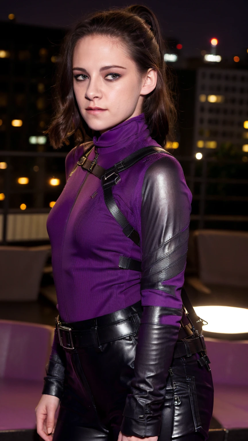 (masterpiece), (photorealistic1.4), (epiCRealLife), (lora:KateBishopFNLoRA:1.0 ribbed bodysuit costume), (KateBishopFNLoRA black leather pants), (KateBishopFNLoRA utilities belt), (leg holster) (KateBishopFNLoRA black gloves), (Kate Bishop Purple Costume),, (epiCFlashPhoto), (harness), (medium height), (ponytail), (young woman), ,(flashphoto), (flash photography), (make up) ,(kst3w-v2 ), (Kristen Stewart ), (on New York Rooftop), (squatting), (