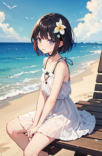 Highest quality、Black Hair、Iris、short hair、girl、cute、16 years old、、Small hair ornament、1 person、Summer Dresses、Summer resort