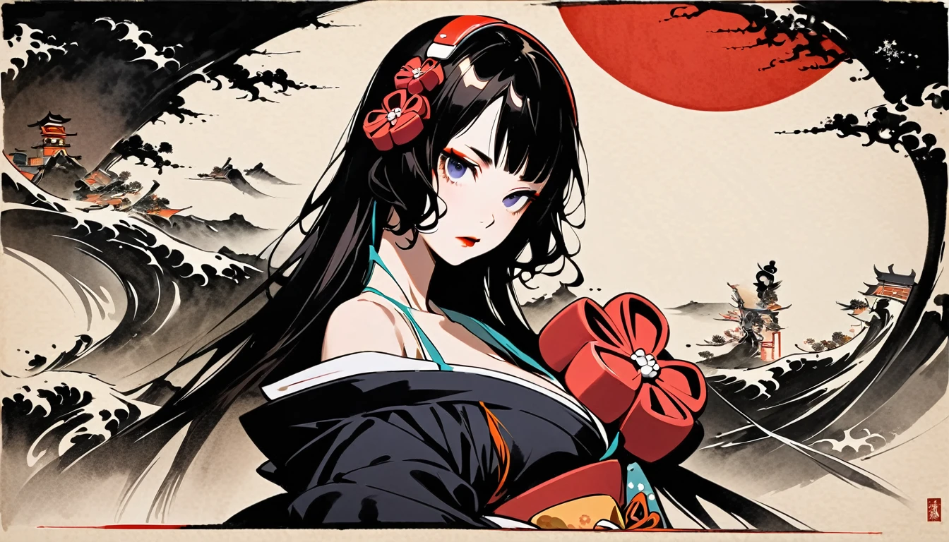(((Katsushika Hokusai))), (((Ink Painting))), ((very straight longhair)), ((1 girl)), ((Beautiful Girl Zombie)), Japanese style headphones, Black Hair, Delicate and precise, Modern ukiyo-e style, Frontal face