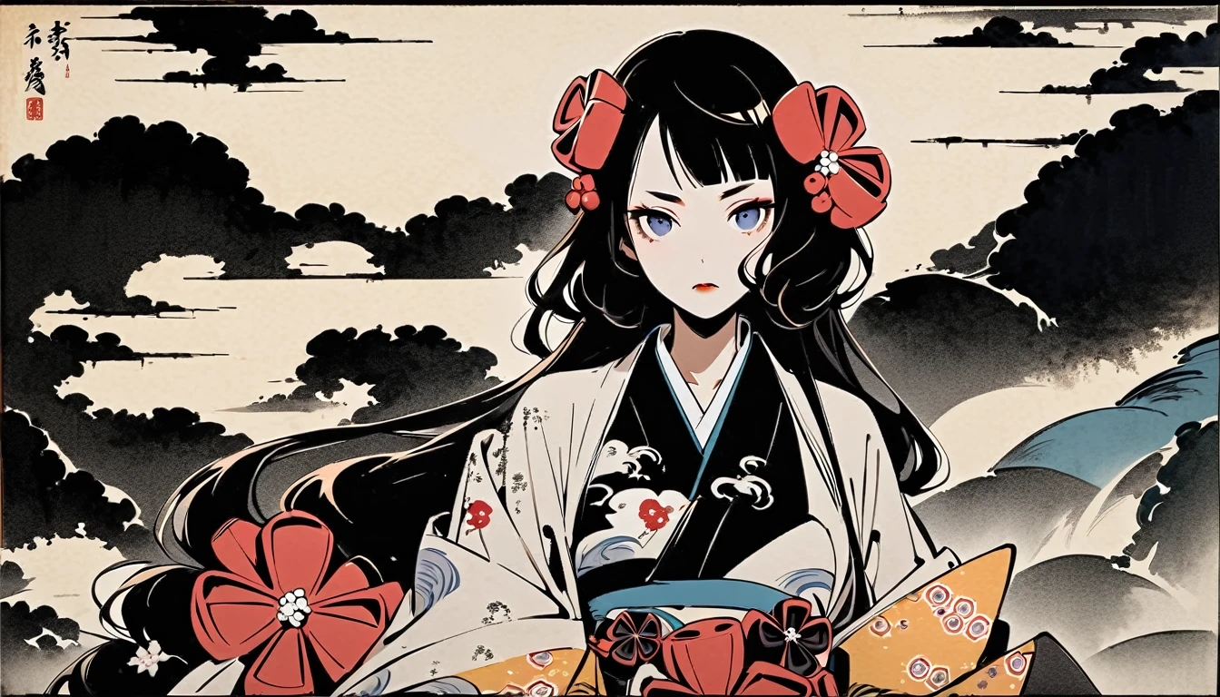 (((Katsushika Hokusai))), (((Ink Painting))), ((very straight longhair)), ((1 girl)), ((Beautiful Girl Zombie)), Japanese style headphones, Black Hair, Delicate and precise, Modern ukiyo-e style, Frontal face