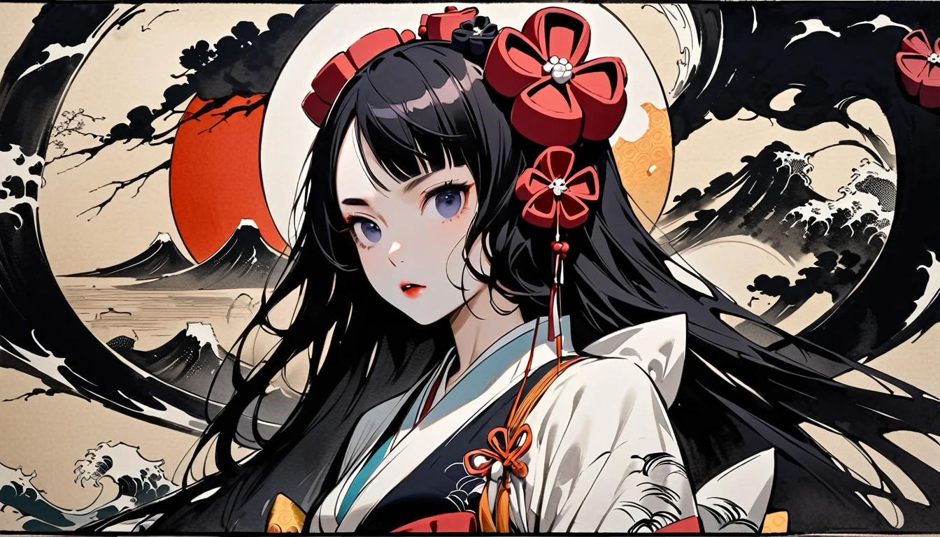 (((Katsushika Hokusai))), (((Ink Painting))), ((very straight longhair)), ((1 girl)), ((Beautiful Girl Zombie)), Japanese style headphones, Black Hair, Delicate and precise, Modern ukiyo-e style, Frontal face