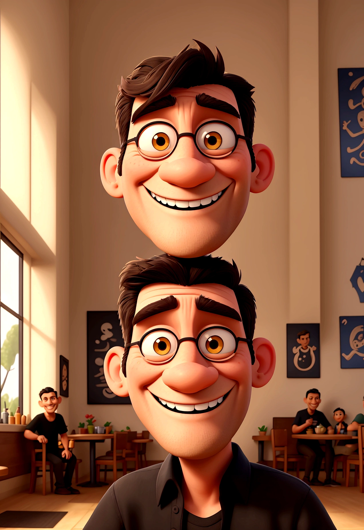 Disney Pixar style drawing of a man with a normal physique, 60 years old, smiling with teeth showing in black shirt, with very short black hair, without any accessories on the face, dark, tired brown eyes, short beard, sitting on a chair in a restaurant and in the background a painting saying 'Ricardo'