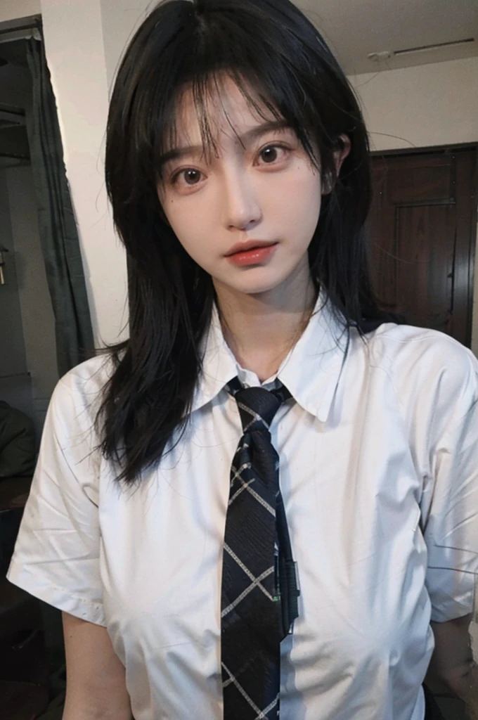 Best quality,masterpiece,ultra high res,(photorealistic:1.4),1girl,sexy,(shirt and tie:1.2),(large breast:1.3),(upper body:1.4)