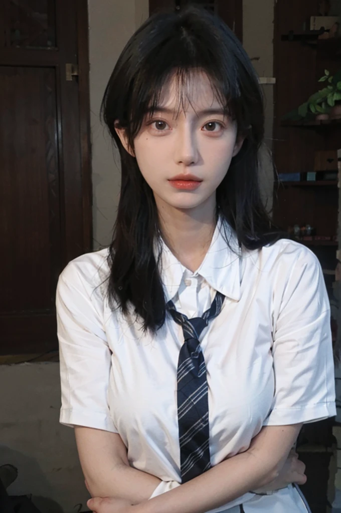 Best quality,masterpiece,ultra high res,(photorealistic:1.4),1girl,sexy,(shirt and tie:1.2),(large breast:1.3),(upper body:1.4)