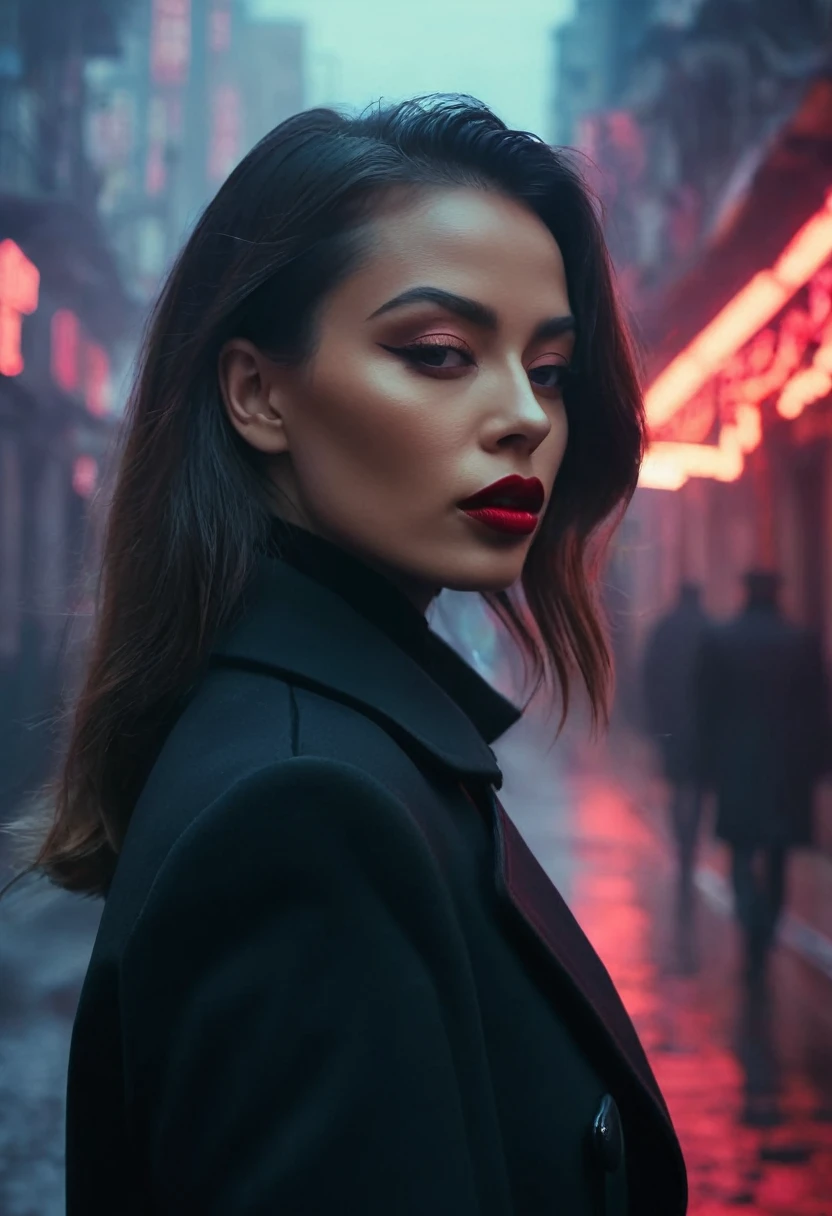An agent walks down the street,Look ahead. Wearing an elegant black coat. Her lips were closed tightly,The eyes are nervous. The situation is dangerous and serious. colors. hazy atmosphere. An atmosphere full of mystery and intrigue. cyber punk,