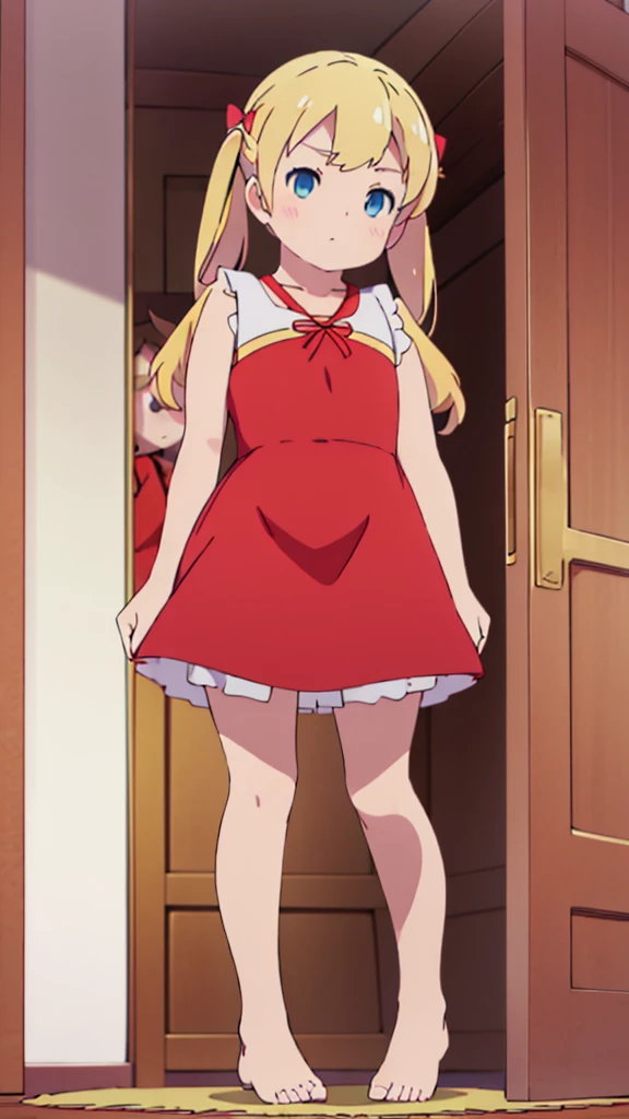 ((masterpiece))((Highest quality))Standing upright、Blonde、Long twin tails、(So that your whole body can be seen)、Directly in front、No background、(Put your feet on the ground)low length、、Flat Chest、Are thin、Red dress、