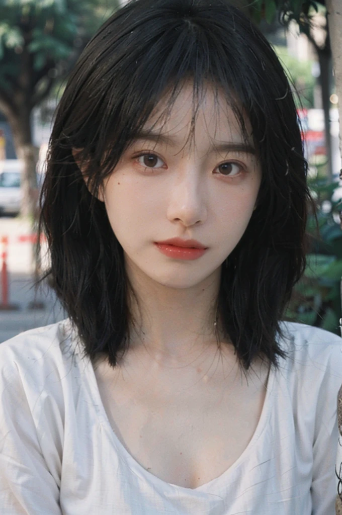 (Skin details:1.4), (smooth skin textures:1.3), Lipstick, background, earrings, Serene, calm, (Realistic and detailed eyes：1.2）, (Large Breasts:1.3),Natural skin texture, Realistic facial details, Soft dramatic lighting, Vivid details, 35 mm film, outdoor, (Photo Practical:1.4), (hyper Practical:1.4), (Practical:1.3), (Smoother lighting:1.05), (Improve lighting quality:0.9), (Highest quality real skin textures:1.4), Exquisite eyes, Delicate face, Close-up of face, (Enhance the beauty of skin texture:1.1), Hair details,  Model，normal body ratio, short hair, Moles under the eyes, Park background，Portrait Photography, Depth of Field, bokeh, Surrealism, Ray Tracing, (Portrait Photography:1.1), Surrealism, High Detail, clair obscur, Ray Tracing, reflected light, ultra HD, ultra HD, masterpiece, Textured Skin, Super Detail, High Detail, high quality, best quality