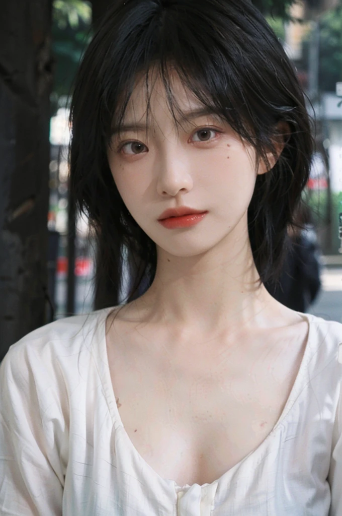 (Skin details:1.4), (smooth skin textures:1.3), Lipstick, background, earrings, Serene, calm, (Realistic and detailed eyes：1.2）, (Large Breasts:1.3),Natural skin texture, Realistic facial details, Soft dramatic lighting, Vivid details, 35 mm film, outdoor, (Photo Practical:1.4), (hyper Practical:1.4), (Practical:1.3), (Smoother lighting:1.05), (Improve lighting quality:0.9), (Highest quality real skin textures:1.4), Exquisite eyes, Delicate face, Close-up of face, (Enhance the beauty of skin texture:1.1), Hair details,  Model，normal body ratio, short hair, Moles under the eyes, Park background，Portrait Photography, Depth of Field, bokeh, Surrealism, Ray Tracing, (Portrait Photography:1.1), Surrealism, High Detail, clair obscur, Ray Tracing, reflected light, ultra HD, ultra HD, masterpiece, Textured Skin, Super Detail, High Detail, high quality, best quality
