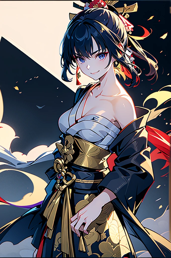 roll up bandage on a chest tightly to cover the chest without gaps under kimomo, Japanese Gangster BOSS, adult woman with the dignified presence, Killing Qi, wear the kimono, ((kimono come off)) ,wear the kimono multiple times, Bare shoulders and the clavicle, black and gold kimono, put on over jacket of kimono, holding a japanese sword which shine in purple, long sword, eye fire, low angle, whole body, bandage is seen, anime character, inappropriate smile, off sholder, nappropriate smile, Excellent, black blue hair, can see both shoulder