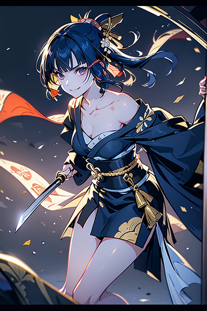 roll up bandage on a chest tightly to cover the chest without gaps under kimomo, Japanese Gangster BOSS, adult woman with the dignified presence, Killing Qi, wear the kimono, ((kimono come off)) ,wear the kimono multiple times, Bare shoulders and the clavicle, black and gold kimono, put on over jacket of kimono, holding a japanese sword which shine in purple, long sword, eye fire, low angle, whole body, bandage is seen, anime character, inappropriate smile, off sholder, nappropriate smile, Excellent, black blue hair, can see both shoulder