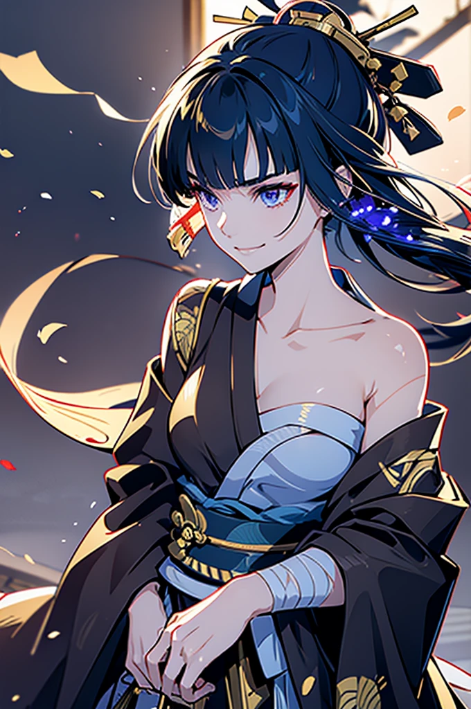 roll up bandage on a  chest tightly to cover the chest without gaps under kimomo, Japanese Gangster BOSS, adult woman with the dignified presence, Killing Qi, wear the kimono, ((kimono come off)) ,wear the kimono multiple times, Bare shoulders and the clavicle, black and gold kimono, put on over jacket of kimono, holding a japanese sword which shine in purple, long sword, eye fire, low angle, whole body, bandage is seen, anime character, inappropriate smile, off sholder, nappropriate smile, Excellent, black blue hair, can see both shoulder