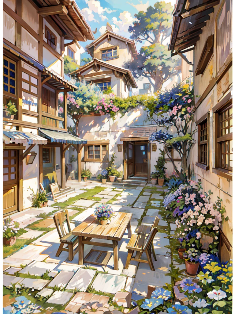 Picture of a courtyard with a table, chairs and benches, Anime Background Art, Relaxing concept art, Anime Scenery concept art, Highly detailed scenes, Beautiful artwork illustration, Detailed Landscape — Width 672, studio ghibli environment, Highly detailed scenes, Environmental design illustration, Beautiful anime scene, Ghibli Studio Style, Anime Scenery, Soft images with great attention to detail, Environmental Painting