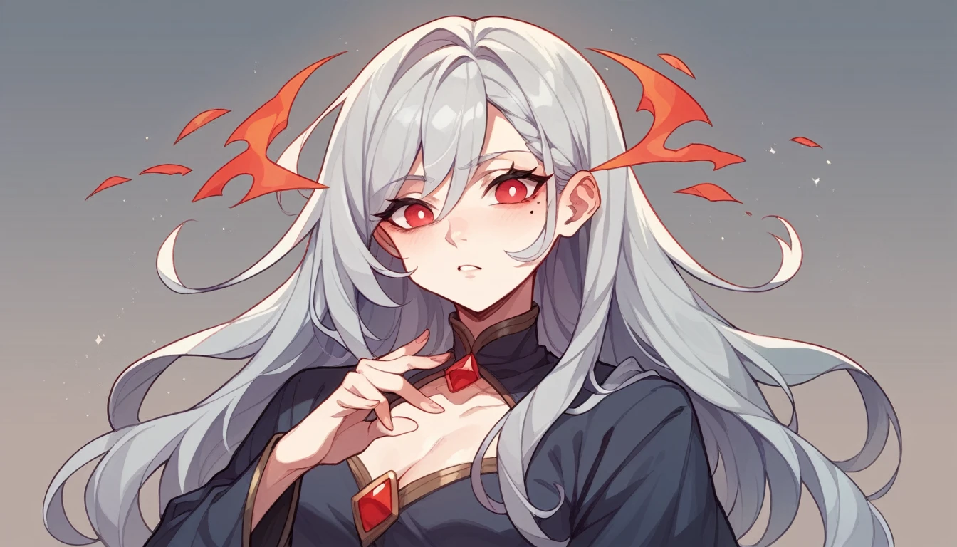 1 teen girl character。whole body、gray hair color、Glowing red eyes、Long Hair、There is a mole under the left eye。The expression is calm、A calm expression that doesn't show much emotion。No background